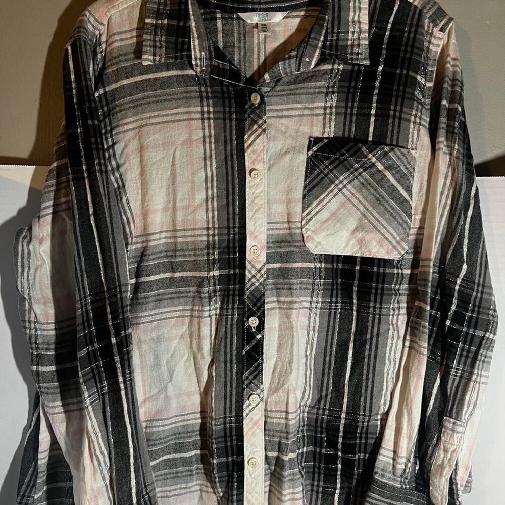 Time and Tru Womens Size 20 XXL Plaid Long Sleeve Button DownTop Metallic Silver